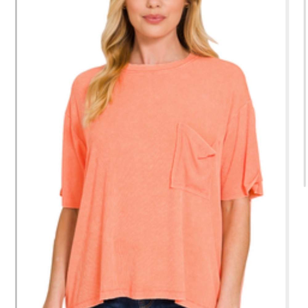 Zenana ribbed Short-Sleeve Pocket Tee - Coral